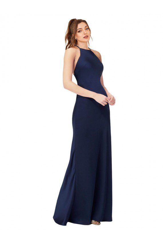 Open Back Silky Satin High Neck Long Sleeveless Formal Evening Dress UK for Sale