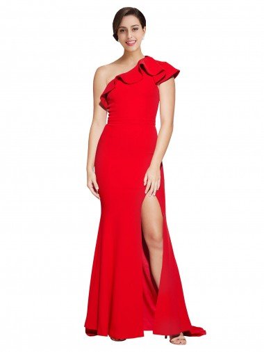 Red Stretch Crepe One Shoulder Sweep Train Sleeveless Semi Formal Evening Dress UK for Sale