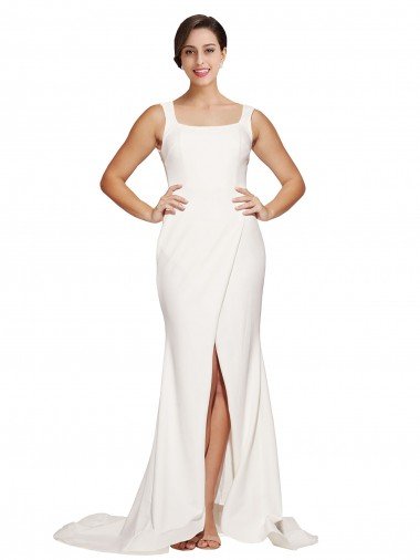 Low Back Stretch Crepe Square Neck Sweep Train Sleeveless Semi Formal Evening Dress UK for Sale