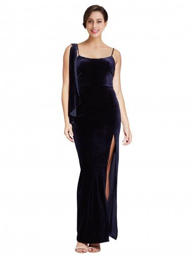 Low Back Dark Navy Stretch Velvet Spaghetti Straps Long Sleeveless Formal Evening Dress UK for Sale