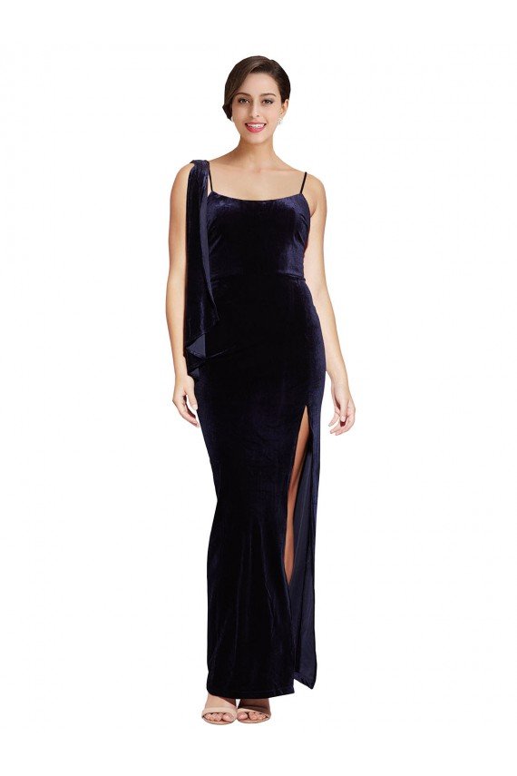 Low Back Dark Navy Stretch Velvet Spaghetti Straps Long Sleeveless Formal Evening Dress UK for Sale