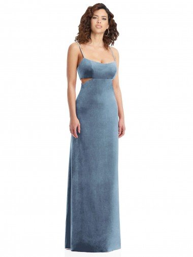 Low Back Dusty Blue Stretch Velvet Square Neck Long Sleeveless Formal Evening Dress UK for Sale