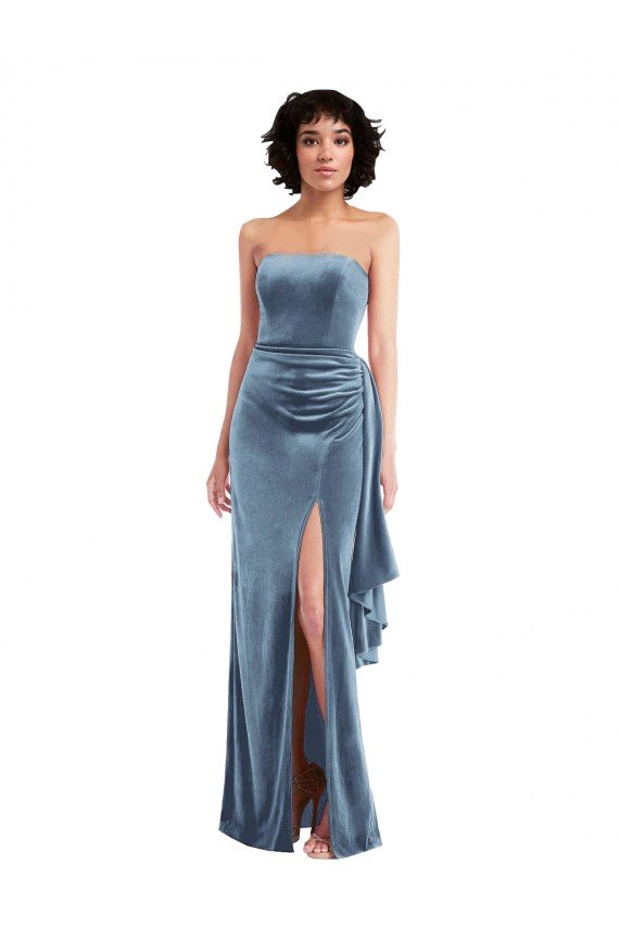Low Back Stretch Velvet Strapless Long Sleeveless Formal Evening Dress UK for Sale