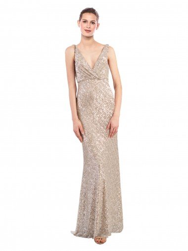 V-Back Silver Sparkling Sequin V-Neck Long Sleeveless Formal Evening Dress UK for Sale