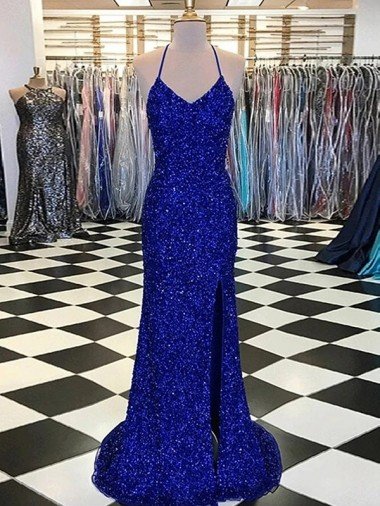Velvet Sequin V-Neck Sweep Train Sleeveless Evening Gowns UK for Sale