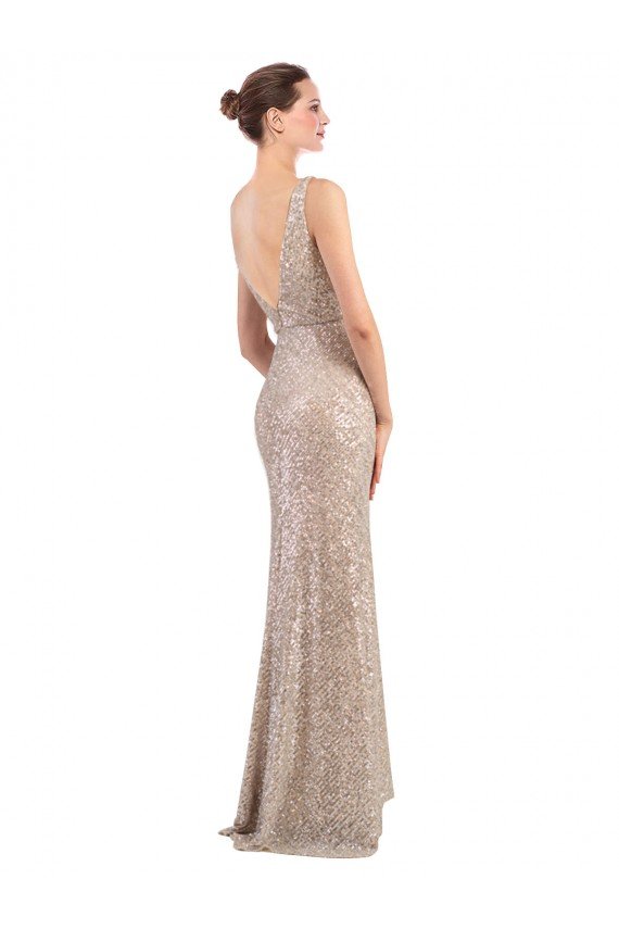 V-Back Silver Sparkling Sequin V-Neck Long Sleeveless Formal Evening Dress UK for Sale