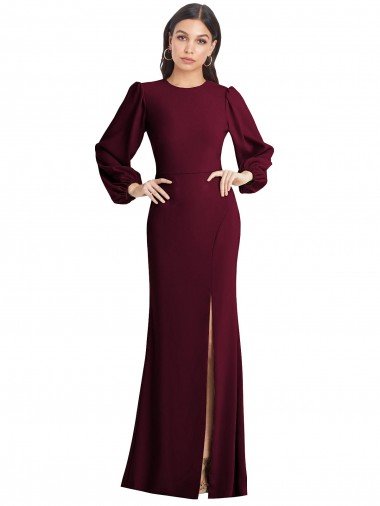 Open Back Stretch Crepe Bateau Neck Long Puff Sleeves Evening Dress UK for Sale