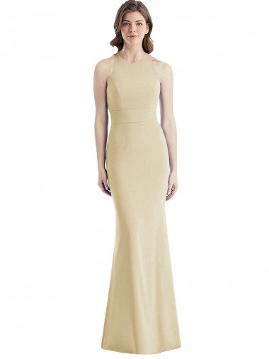 Open Back Champagne Stretch Crepe Bateau Neck Long Sleeveless Semi Formal Evening Dress UK for Sale