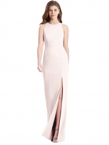 Open Back Pink Stretch Crepe Bateau Neck Long Sleeveless Semi Formal Evening Dress UK for Sale