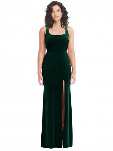 Stretch Velvet Square Neck Long Sleeveless Semi Formal Evening Dress UK for Sale