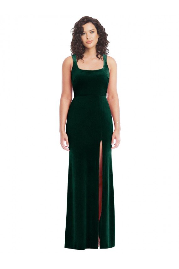 Stretch Velvet Square Neck Long Sleeveless Semi Formal Evening Dress UK for Sale