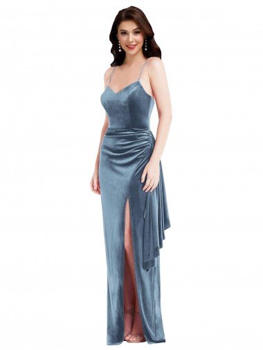Low Back Dusty Blue Stretch Velvet Spaghetti Straps Long Sleeveless Formal Evening Dress UK for Sale