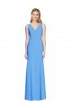 Keyhole Back Peacock Blue Stretch Crepe V-Neck Long Sleeveless Semi Formal Evening Dress UK for Sale
