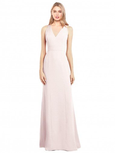 Keyhole Back Pink Stretch Crepe V-Neck Long Sleeveless Semi Formal Evening Dress UK for Sale